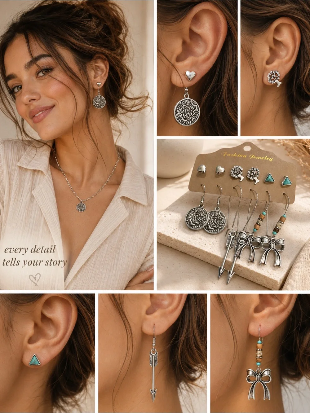 Silver-Tone Mixed Earring Set with Turquoise Accents - Fashion Jewelry
